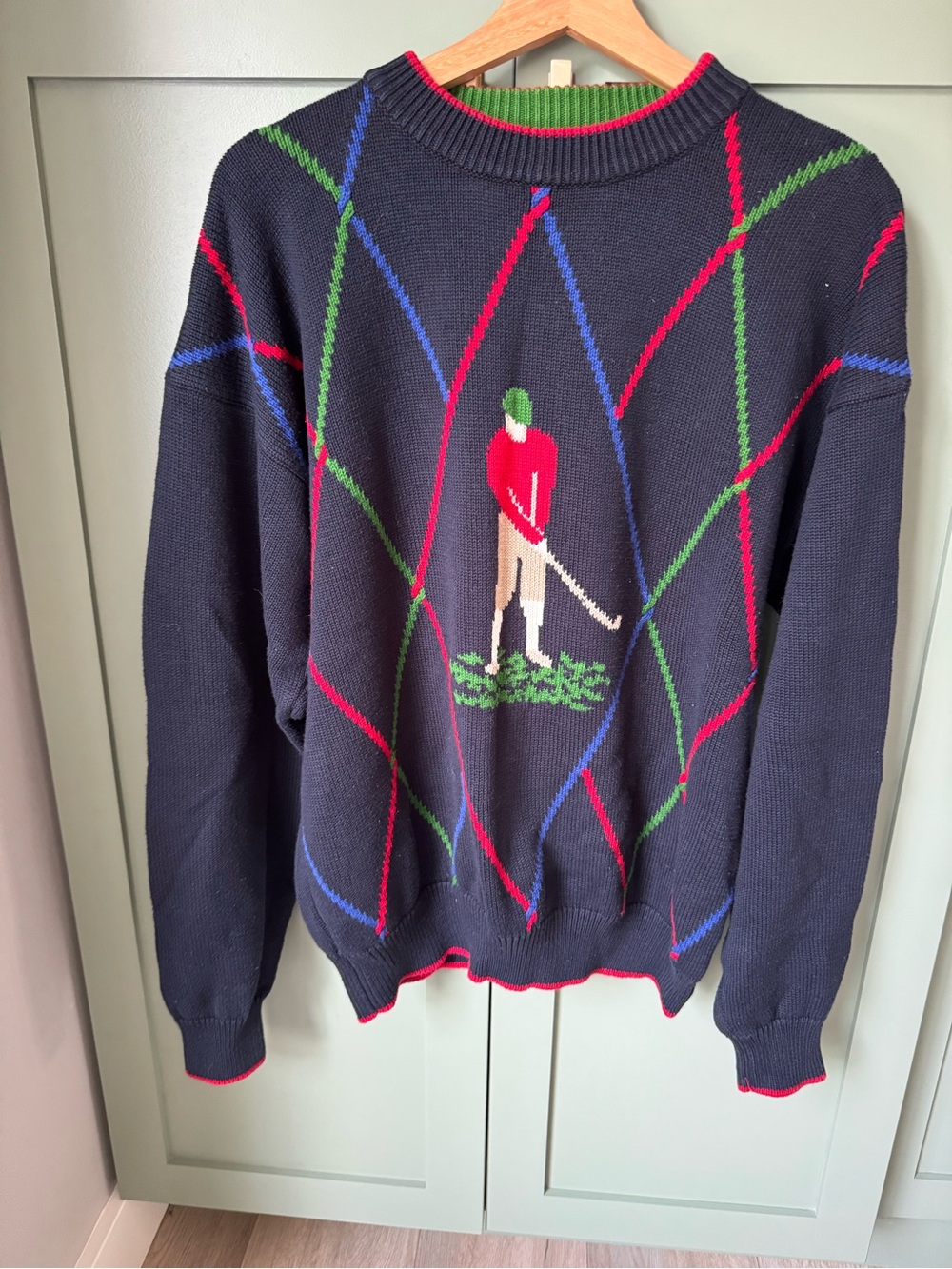 Men's Navy Golf-Graphic Crewneck Sweater - Red & Green Accents Janzen Tag 90s XL